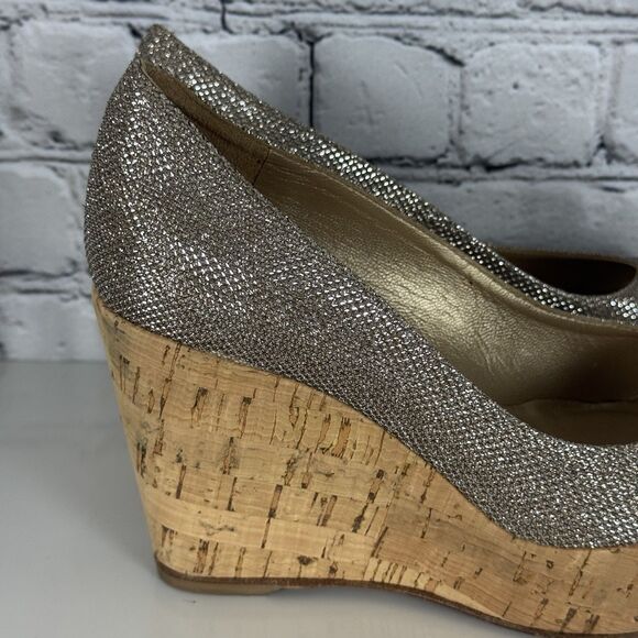 Stuart Weitzman Anna Wedge Women 6 Silver Glitter Cork Platform Peep Toe Pumps - Picture 2 of 15
